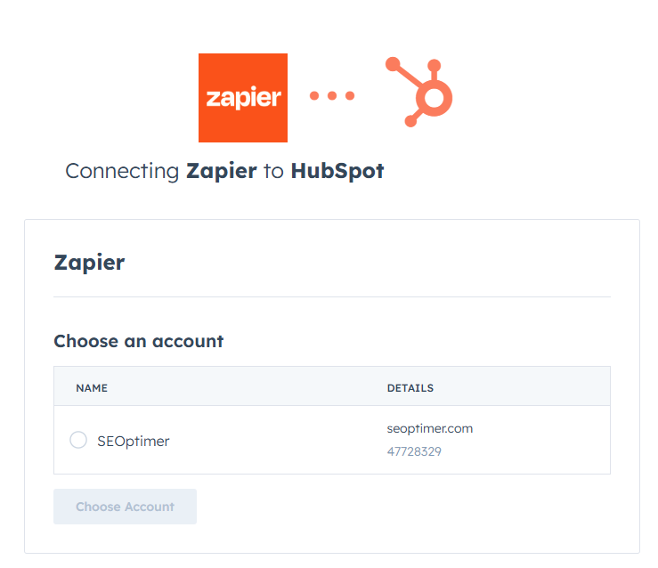 Zap Hubspot Choosing Account